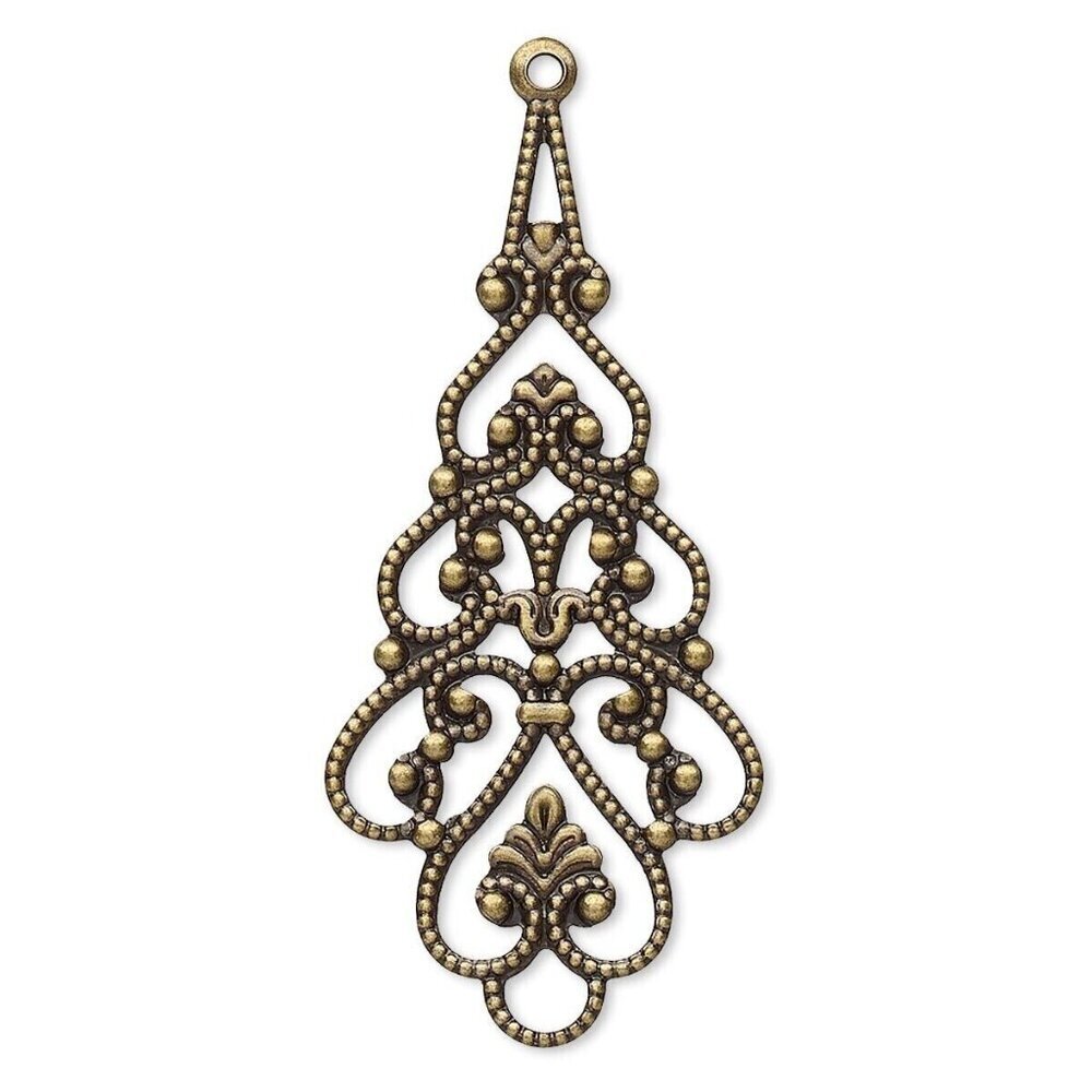 Art Nouveau Stamped Antique Brass 38x18mm Teardrop Pendant Filigrees 2 pcs